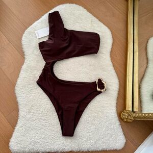 Brand new Floralkini brown cutout one piece swimsuit with gold hardware